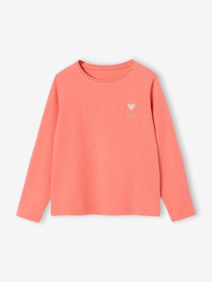 T-shirt Basics met hartjes en pailletten en lange mouwen koraal