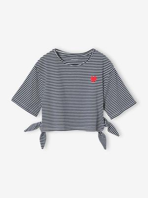 Kort gestreept meisjesshirt met sierstrik marineblauw