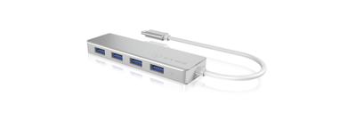 ICY BOX 4-voudige USB-C-hub met 4 x USB 3.0, USB 3.0-aansluiting, aluminium, geïntegreerde kabel, zilver/wit.