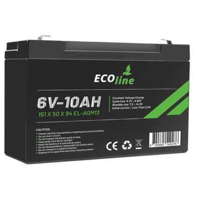 EcoLine - AGM 6V 10AH - 10000mAh VRLA Batterij - 151 x 50 x 94 - Deep Cycle Accu