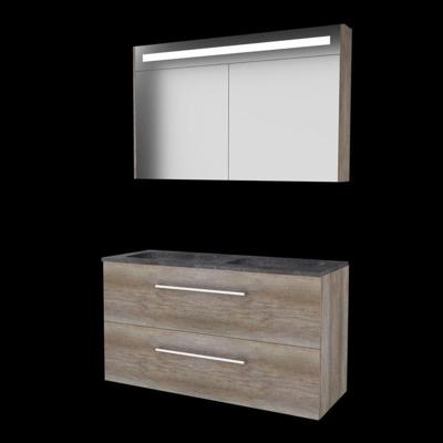 Basic-Line Premium 46 Badkamermeubelset - 120 x 46 cm - Met Grepen - 2 Lades - Hardstenen Wastafel - Zonder Kraangat - Spiegelkast met LED Verlichting - Scotch Oak
