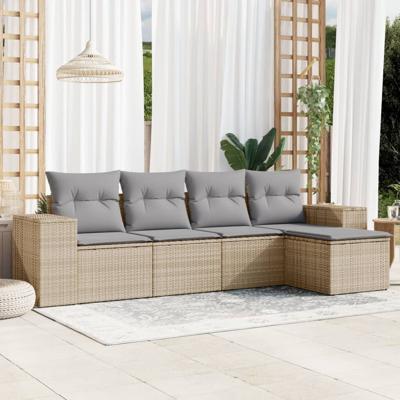 5-delige Loungeset met kussens poly rattan beige - thumbnail
