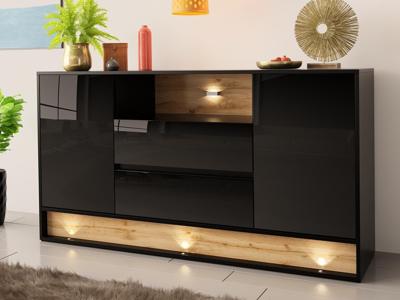 Dressoir VISION 2 deuren 2 lades eik/hoogglans zwart