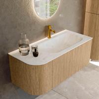 Mondiaz KURVE-DLUX 105 cm Onderkast Greeploos 1 Lade Met Deuren Oak, Wastafel Solid Surface Rechts Opalo 1 Kraangat Zonder Spiegel (KRVBGS105L1L1D1KR-Oak/Opa) - thumbnail