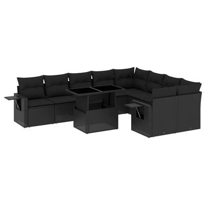 10-delige Loungeset met kussens poly rattan zwart - thumbnail