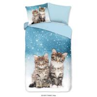 Good Morning Kinderdekbedovertrek "poezen" - Blauw - (140x200/220 cm) - Katoen Flanel - thumbnail