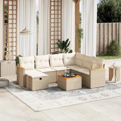 7-delige Loungeset met kussens poly rattan beige - thumbnail