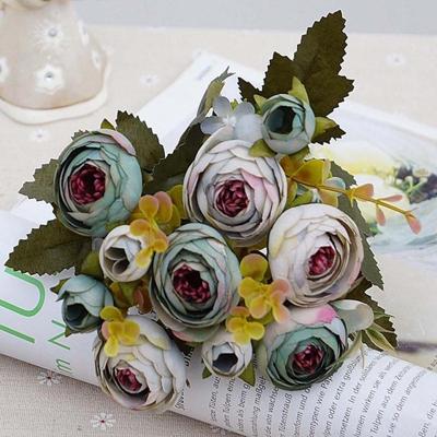 1 bundel retro thee rozen bruid boeket kunst bloemen (grijs blauw)