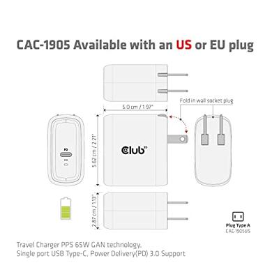 club3D CAC-1905 Laptop netvoeding 65 W 1x USB-C Zwart Binnen GaN