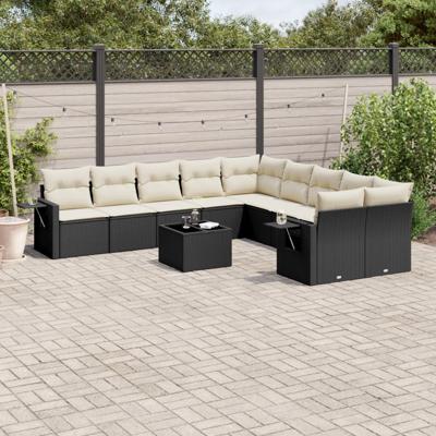 10-delige Loungeset met kussens poly rattan zwart