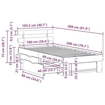 Bedframe met lade met hoofdeinde met opslag Bruin 100 x 200 cm Massief grenenhout Bedframe met lade met hoofdeinde met opslag Bruin 100 x 200 cm Massief grenenhout