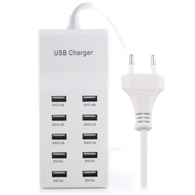 5V 2.4A/2.1A/1A 10-Port USB Laderadapter voor iPhone Galaxy Huawei Xiaomi LG HTC en andere Smartphones oplaadbare apparaten EU Plug(White)