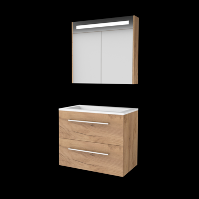 Basic-Line Premium 46 Badkamermeubelset - 80 x 46 cm - Met Grepen - 2 Lades - Acryl Wastafel - Zonder Kraangat - Spiegelkast met LED Verlichting - Whisky Oak