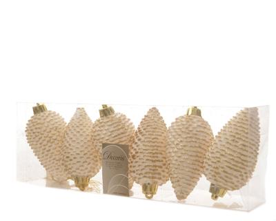 6 Dennenappels plastic glitter 8cm wolwit KSD - Ksd