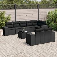9-delige Loungeset met kussens poly rattan zwart - thumbnail