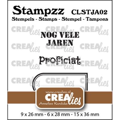 Crealies • stampzz stempelset jarig 02: 2 teksten + 1 tag/label