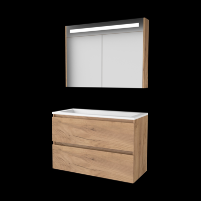 Basic-Line Premium 46 Badkamermeubelset - 100 x 46 cm - Greeploos - 2 Lades - Acryl Wastafel - Zonder Kraangat - Spiegelkast met LED Verlichting - Whisky Oak