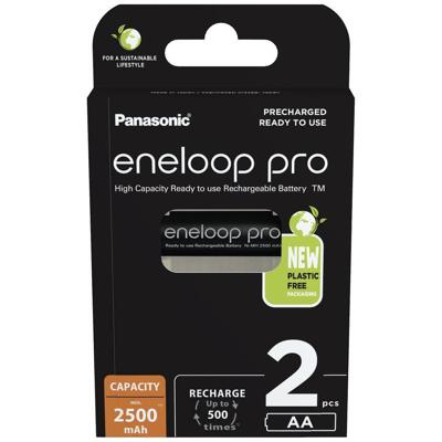 Panasonic BK-3HCDE/2BE eneloop pro Ready-to-Use Ni-MH batterijen, AA/Mignon, 2-pack, min. 2500 mAh, levensduur van 500 laadcycli, met geringe zelfontlading, oplaadbare,in plasticvrije verpakking,Zwart