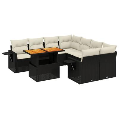 9-delige Loungeset met kussens poly rattan zwart