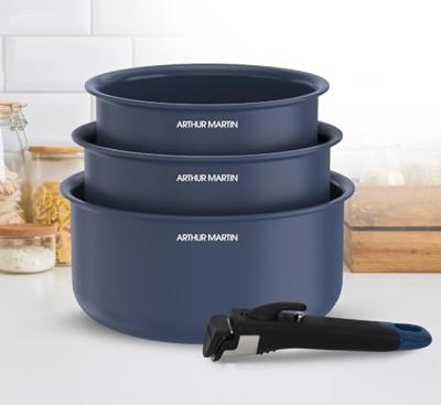 Set van 3 steelpannen - Geschikt voor alle kookplaten inclusief inductie - ARTHUR MARTIN - AM0320 - Keramiek - Ø 16-18-20 cm + afneembare handgreep - Blauw