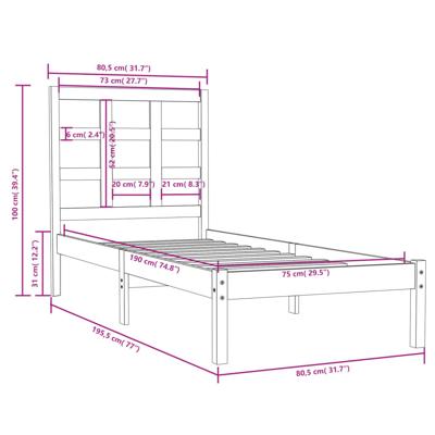 Bedframe massief hout wit 75x190 cm