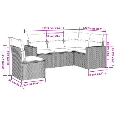 5-delige Loungeset met kussens poly rattan zwart