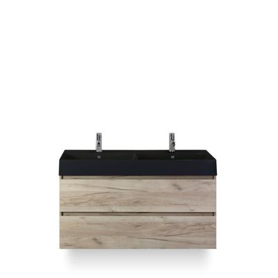 Maxx XL Badmeubelset 120 cm - Craft Oak - Wastafel Kube Dubbel Zwart 2 kraangaten