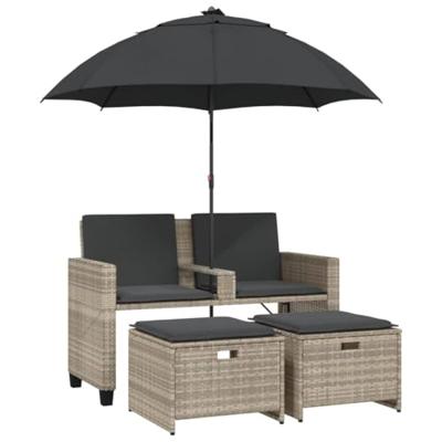 Tuinbank 2-zits parasol en voetenbanken poly rattan lichtgrijs Tuinbank 2-zits parasol en voetenbanken poly rattan lichtgrijs