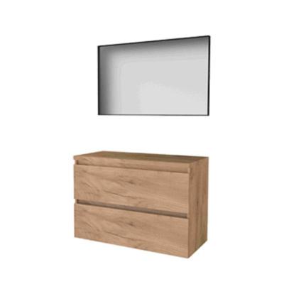 Basic-Line Framed 46 Badkamermeubelset - 100 x 46 cm - Greeploos - 2 Lades - Wastafelblad - Spiegel met Zwart Aluminium Frame - Whisky Oak