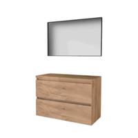 Basic-Line Framed 46 Badkamermeubelset - 100 x 46 cm - Greeploos - 2 Lades - Wastafelblad - Spiegel met Zwart Aluminium Frame - Whisky Oak - thumbnail