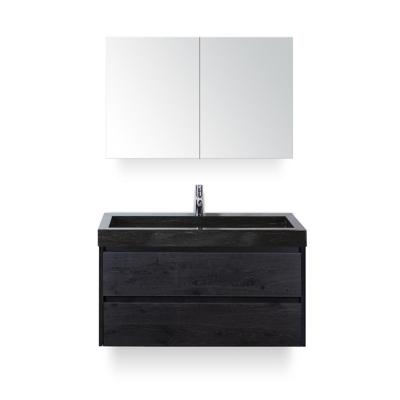 Dante Badmeubelset 100 cm - Black Oak - Wastafel Hardsteen Wit Lucca - met Spiegelkast