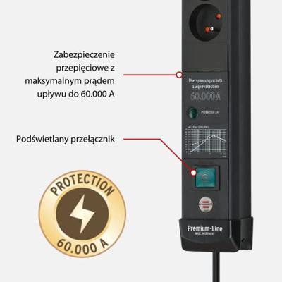 Brennenstuhl Premium-Line 60.000A Extension Lead With Surge Protection 6-Way Black 3M H05Vv-F 3G1.5 - 1951164400