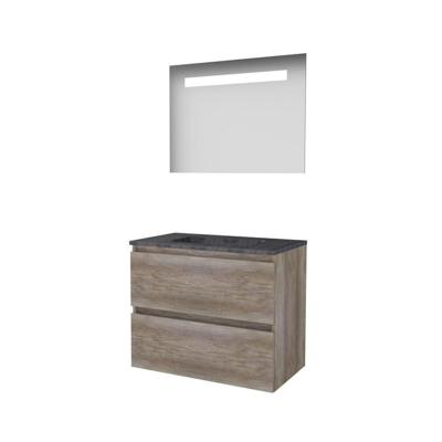 Basic-Line Economic 46 Badkamermeubelset - 80 x 46 cm - Greeploos - 2 Lades - Hardstenen Wastafel - Zonder Kraangat - Spiegel met LED Verlichting - Scotch Oak