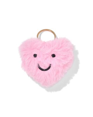 HEMA Sleutelhanger 6x2.5cm fluffy hartvorm met gezichtje roze