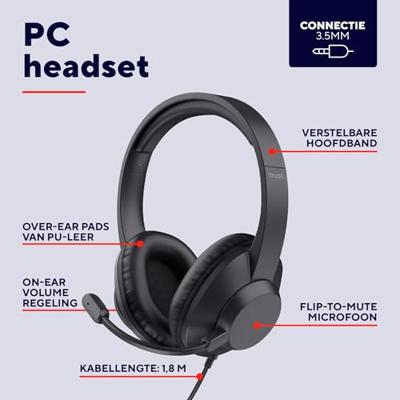 Trust Ayda Max Over-Ear Headset 3.5mm met Microfoon, Koptelefoon met Kabel van 1.8 m, 85% Gerecycled Plastic, Verstelbare Hoofdband, Headphones voor PC Computer Laptop Thuiswerken Teams Zoom, Zwart