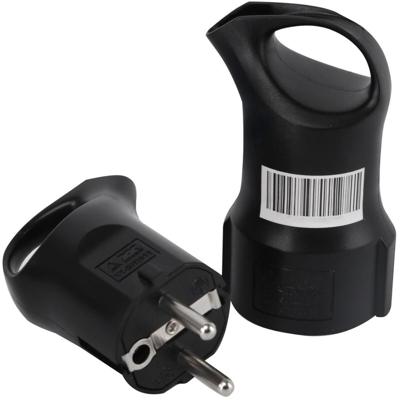 Zwarte Schuko Stekker Set met Contrastekker. Randaarde en Kinderbeveiliging