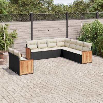 10-delige Loungeset met kussens poly rattan zwart - thumbnail