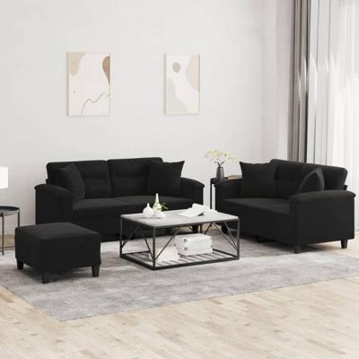 3-delige Loungeset met kussens microvezelstof zwart