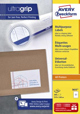 Avery-Zweckform 3655 Universele etiketten 210 x 148 mm Papier Wit 200 stuk(s) Permanent hechtend Inkjet, Laser (zwart/wit), Laser (kleur), Kopiëren