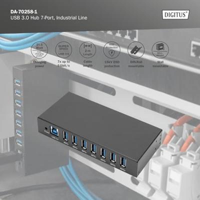 Digitus DA-70258-1 USB 3.0-hub 7 poorten Voor industriële toepassingen, Met metalen behuizing, Met status-LEDs, Voor intern en extern gebruik, Via PC