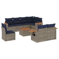 9-delige Loungeset met kussens poly rattan grijs - thumbnail