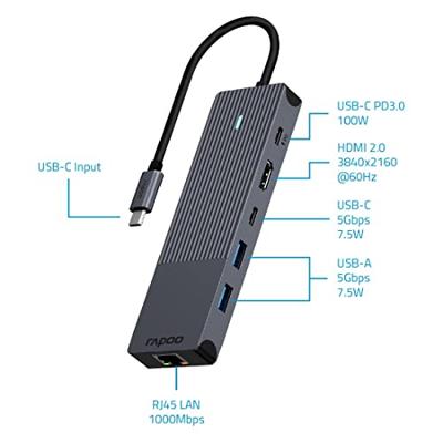 Rapoo USB-C Multiport Adapter, 6-in-1, grijs Desktop accessoire Zwart