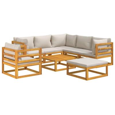 8-delige Loungeset met lichtgrijze kussens massief hout