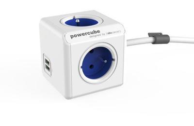 Allocacoc 1402BL/DEEUPC Stekkerdoos | PowerCube Extended | 2x USB-A poorten | 4 Sockets | Wit/Blauw| 1,5 meter
