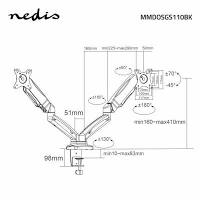 Nedis Monitorbeugel voor Bureaus | Gasveer | 2 Scherm(en) | 15 - 32 " | 75x75 / 100x100 | Draai- en Kantelbaar - MMDOSGS110BK