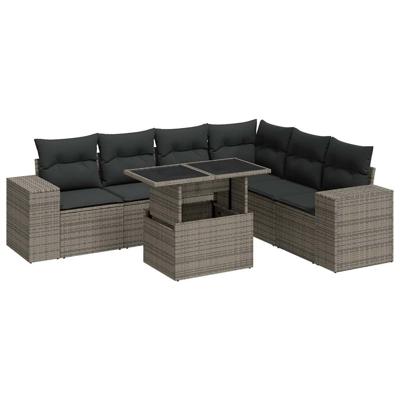 7-delige Loungeset met kussens poly rattan grijs