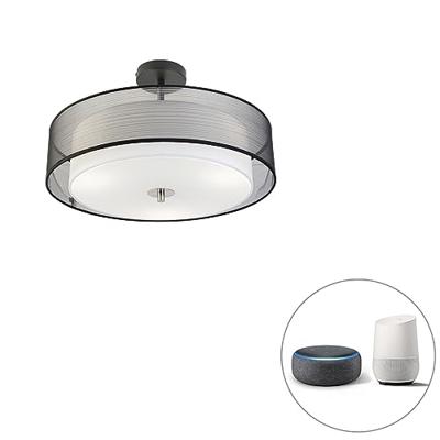QAZQA Smart plafondlamp zwart met wit 50 cm incl. 3 Wifi A60 - Drum