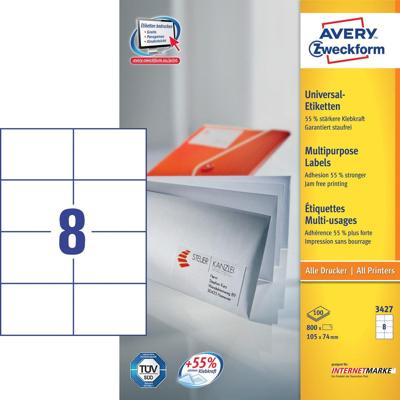 Avery Zweckform 3427, Universele etiketten, Ultragrip, wit, 200 vel, 8 per vel, 105 x 74 mm Avery Zweckform 3427, Universele etiketten, Ultragrip, wit, 200 vel, 8 per vel, 105 x 74 mm