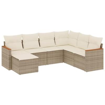 7-delige Loungeset met kussens poly rattan beige