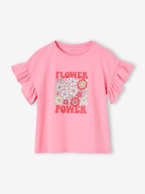 Meisjesshirt "Flower Power" met ruches op de mouwen snoepjesroze Meisjesshirt "Flower Power" met ruches op de mouwen snoepjesroze
